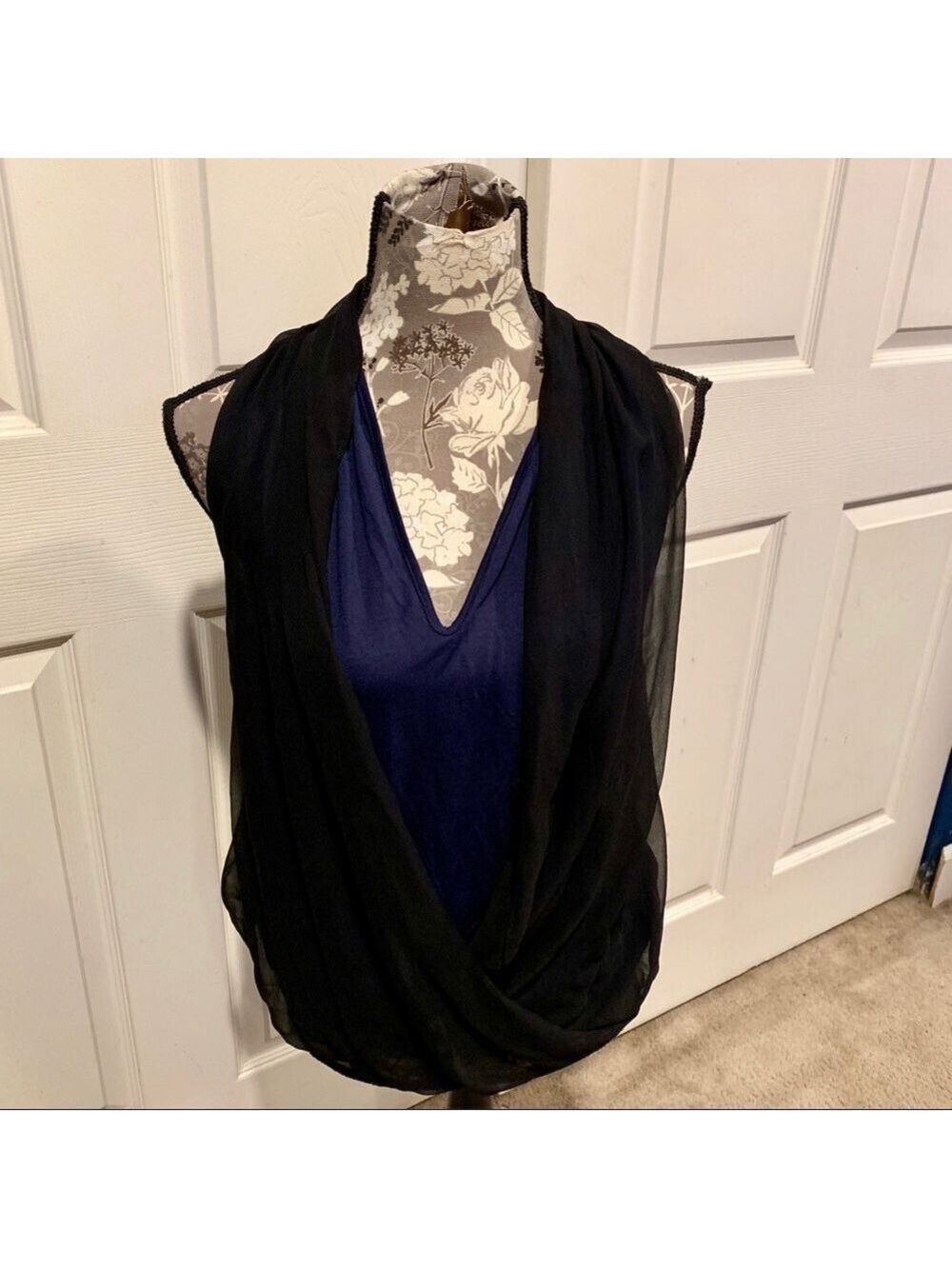 HAUTE HIPPIE Black & Blue Draped Faux Wrap Top XS FLAW - Picture 5 of 10